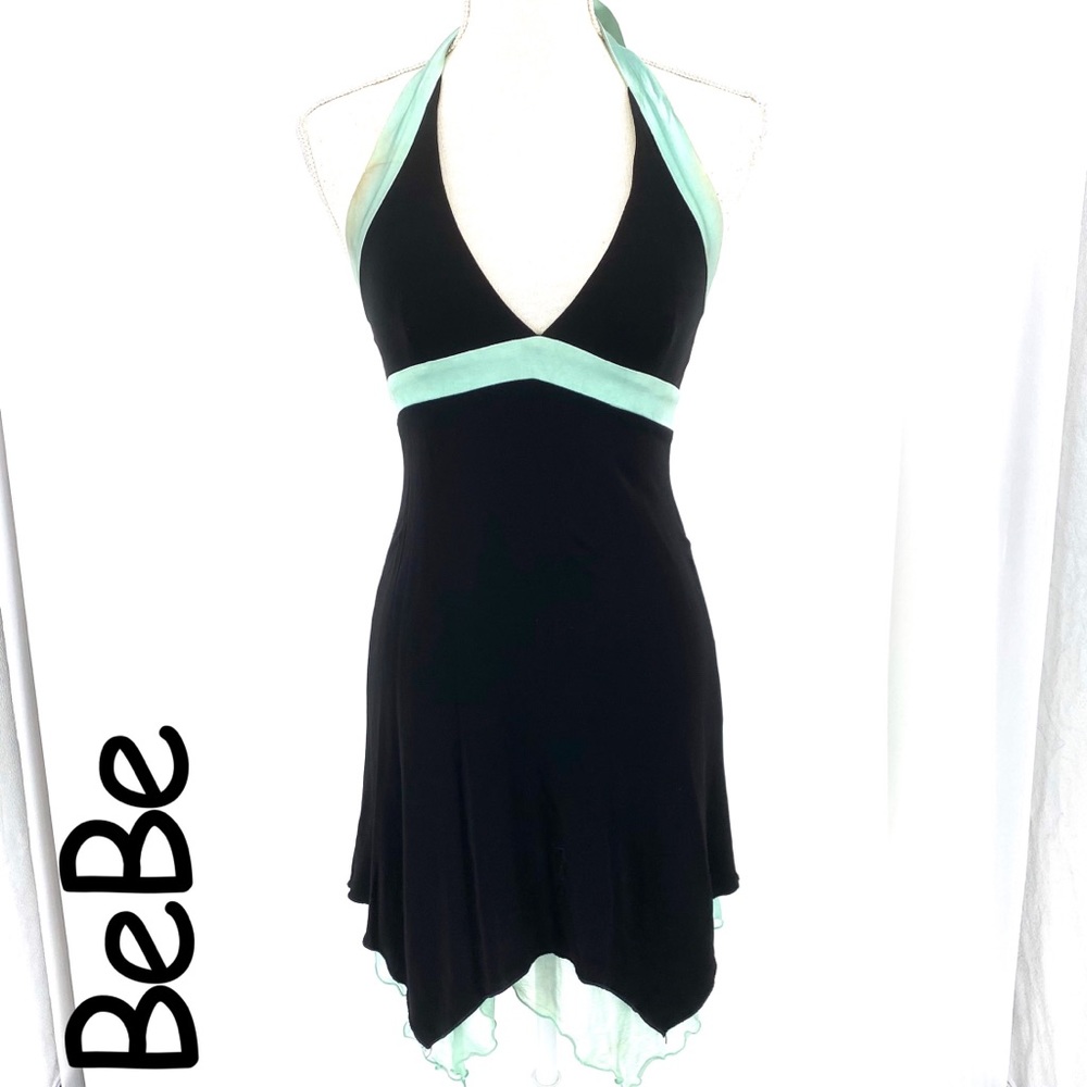 BeBe Black and teal halter dress size small